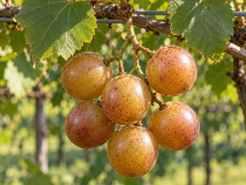 Bronze muscadine cluster under muscadine leaves (AI illustration)