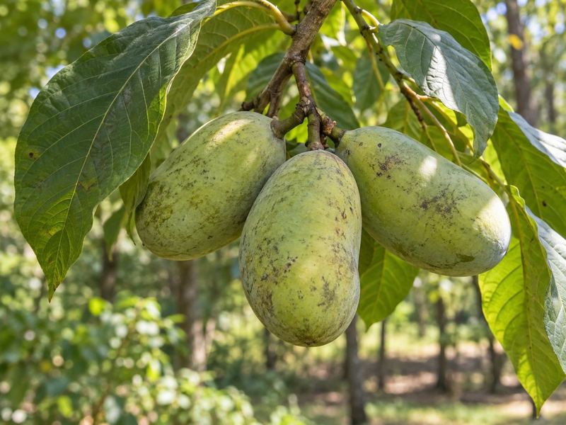 Pawpaw fruit hanging under large pawpaw leaves (AI illustration)