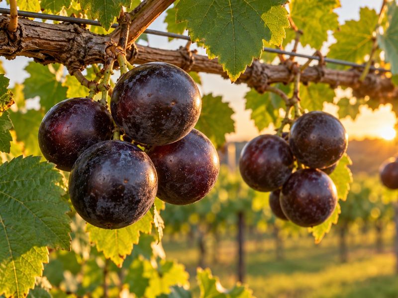 Large black muscadines on a wire trellis at sunset (AI illustration)